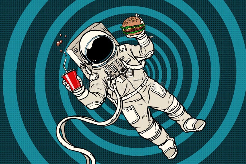 Astronaut i nollgravitation med snabbmat