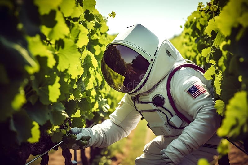 Astronaut liebt Weintrauben in einer lebendigen Weinregion vektor abbildung