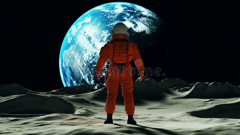 Astronaut Man on the Moon in an Orange Space Suit Looking Towards Earth  Stock Illustration - Illustration of advanced, space: 184200618