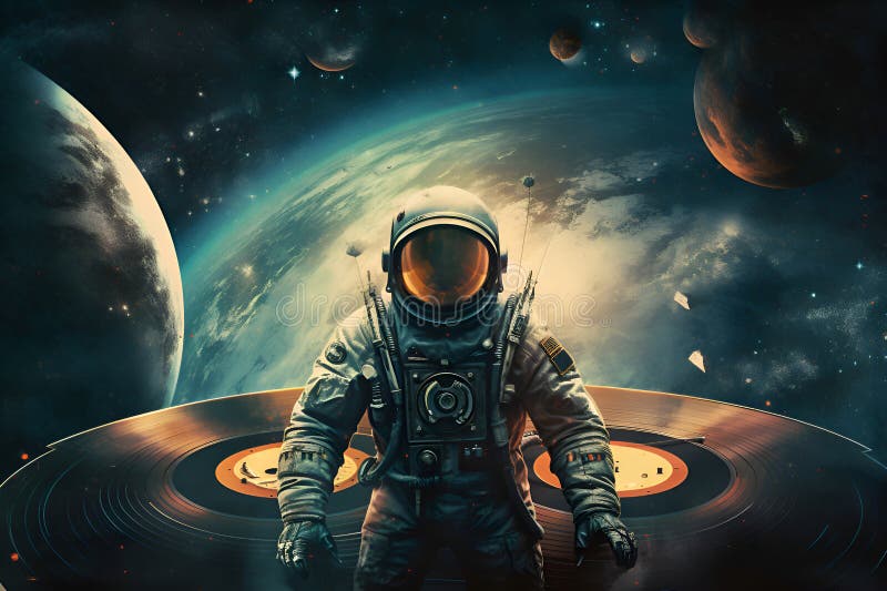 Astronaut with Music Records, Cosmic DJ in Space, Generative AI Stock