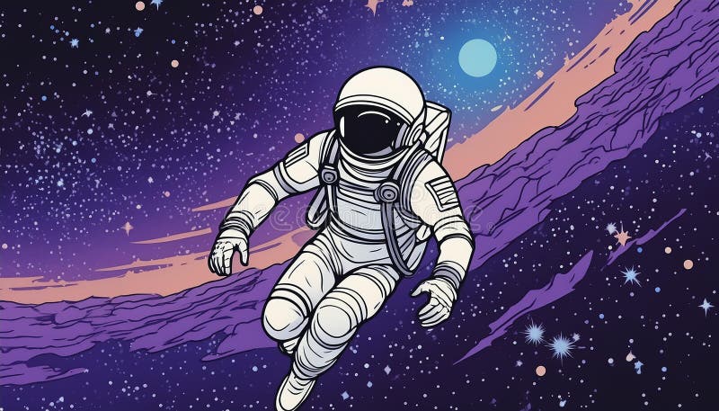 Astronaut in outer space. Science fiction. Spaceman in spacesuit floating against starry sky. vector illustration