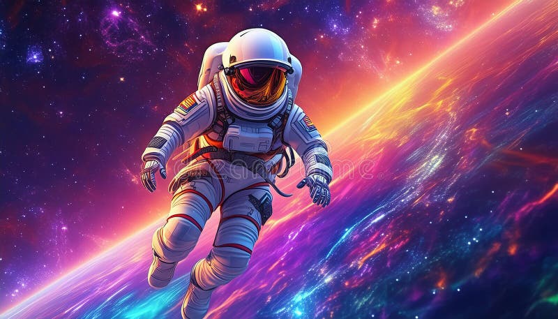 Astronaut in outer space. Science fiction. Spaceman in spacesuit floating against starry sky. vector illustration