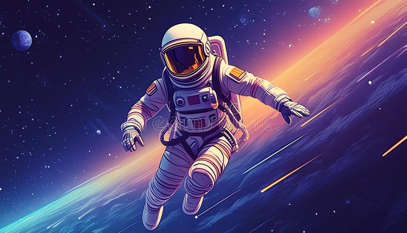 Astronaut in outer space. Science fiction. Spaceman in spacesuit floating against starry sky. vector illustration