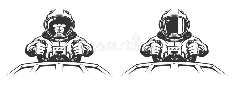 Astronaut pilot in spacesuit controls spaceship. stock illustration