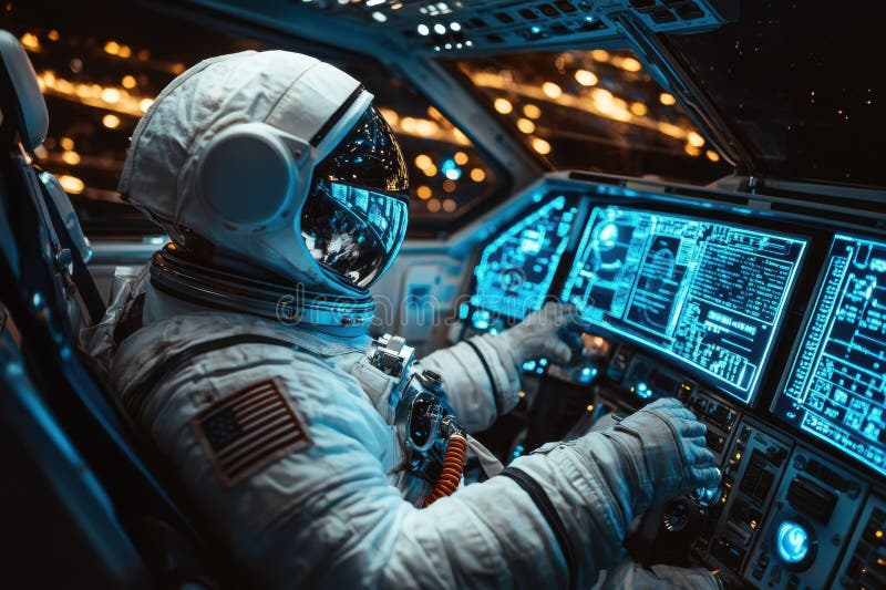 Astronaut piloting a spacecraft with high-tech controls during a space mission stock photography