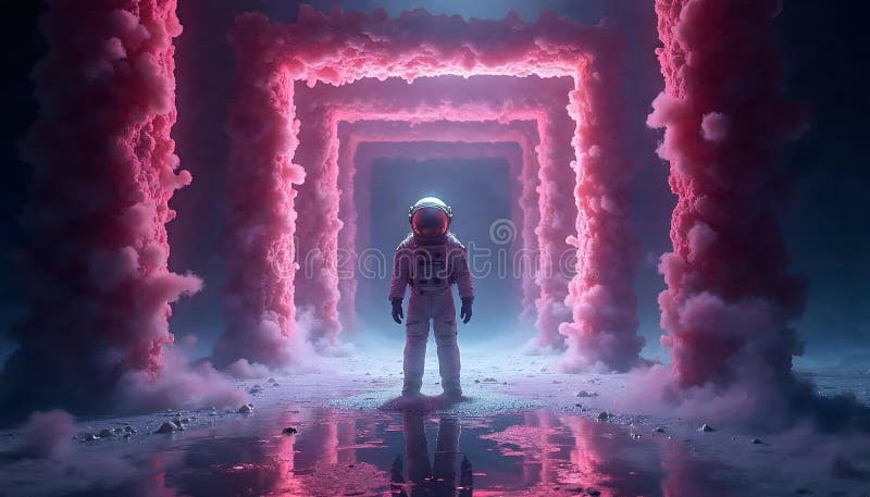 Astronaut in Pink Nebula: Surreal Cosmic Gateway Artwork royalty free stock photos