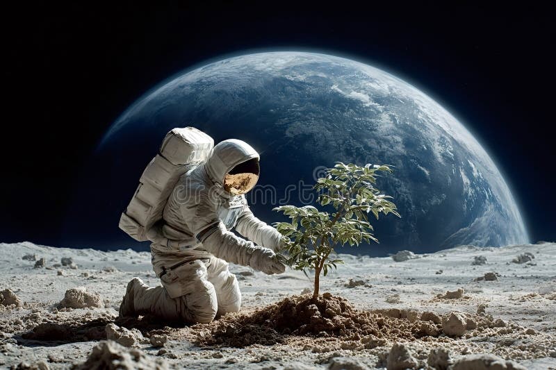 Astronaut Planting Tree on the Moon with Earth in Background Stock