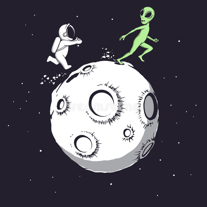 Astronaut playing with an alien stock illustration