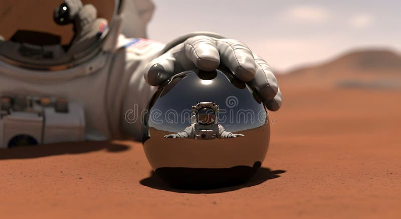 Astronaut reflected in an orb on Mars science exploration mission landscape royalty free illustration.