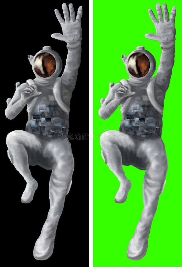 Astronaut in space suit falling down on black background and green screen. Digital hand painting vector illustration