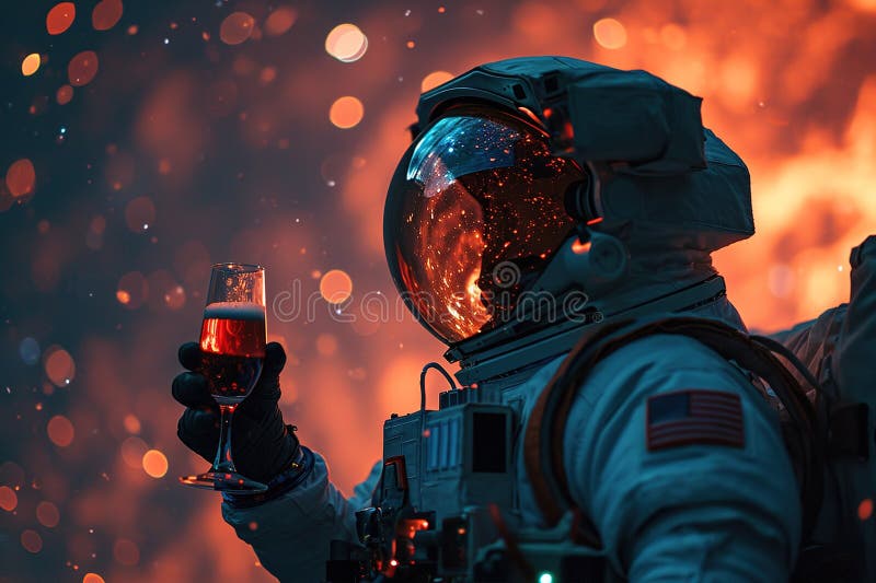 Astronaut in a space suit holding glass of wine on bright cosmic blurred bokeh background stock illustration