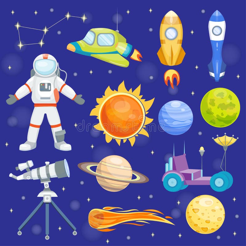 Astronaut space vector icons landing planets spaceship solar system future exploration spaceship cosmonaut rocket royalty free illustration