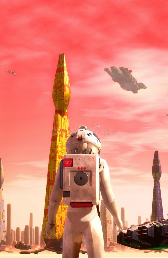 Astronaut and spaceship at space port vector illustration