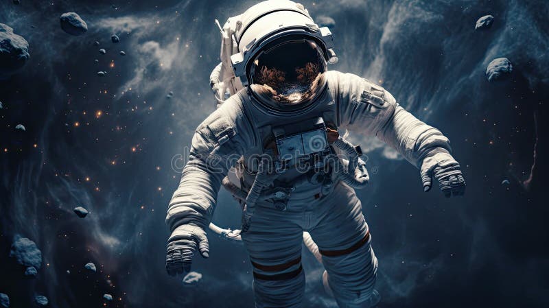 Astronaut in spacesuit exploring dark outer space stock illustration