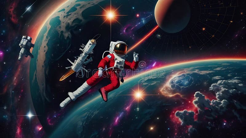 Astronautul într-un costum spațial zboară în animație spațială profundă. video generat de Ai stock illustration