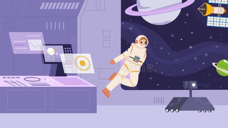 Astronaut in spacesuit flying in spaceship. Workplace on ship, space exploration, zero gravity cosmonaut. Universe and cosmos royalty free illustration
