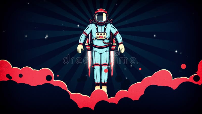 Astronaut în costum spațial cu jetpack decolează stock illustration