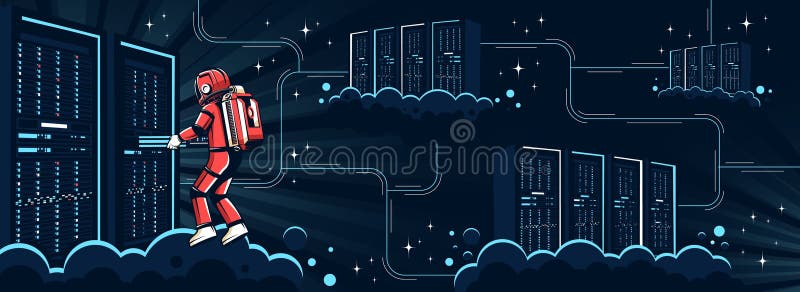 Astronaut in a spacesuit maintains large interconnected servers in space vector illustration