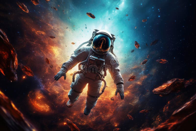 Astronaut in a spacesuit in outer space Astronaut in outer space Close up stock illustration