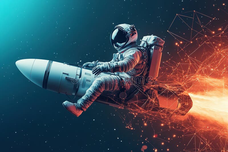 Astronaut in spacesuit riding on a flying space rocket with flames on dark background royalty free illustration