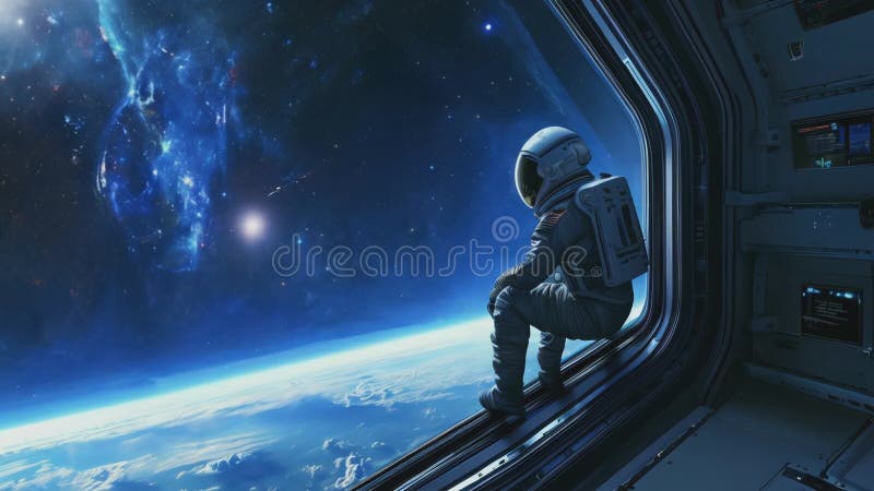 Un astronaut într-un costum spațial stă pe marginea unei nave spațiale care se uită la pământ din spațiu. vasta expansiune a cosmo vector illustration