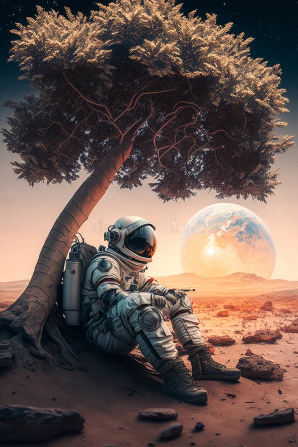 Astronautul într-un costum spațial care stă sub un copac pe o altă planetă cu un ajutor generativ vector illustration