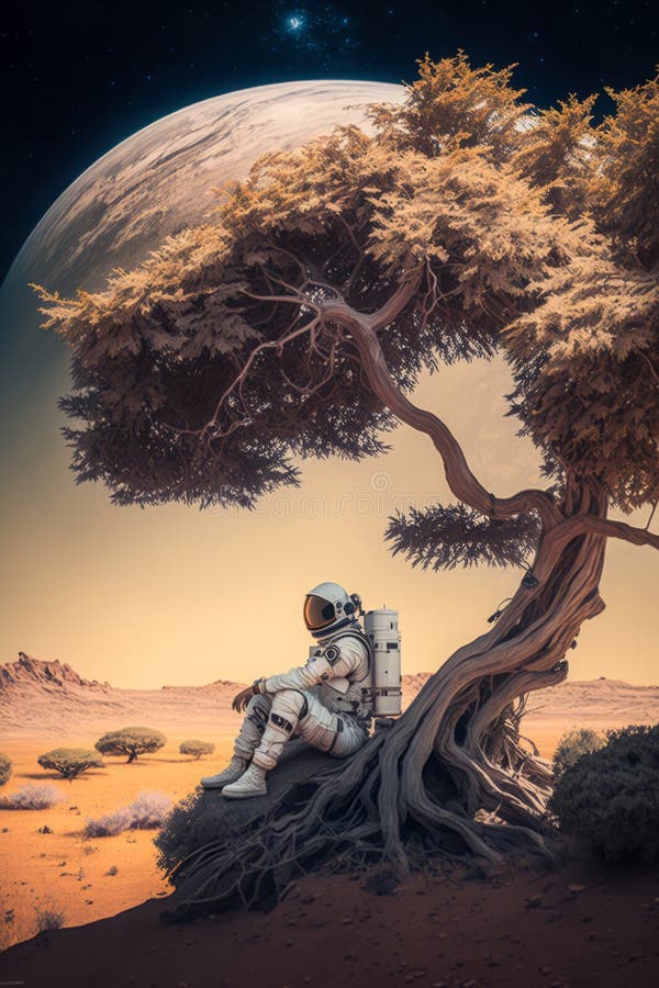 Astronautul într-un costum spațial care stă sub un copac pe o altă planetă cu un ajutor generativ stock illustration