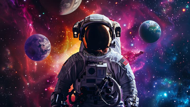 Astronaut with a Spectrum of Planets royalty free illustration