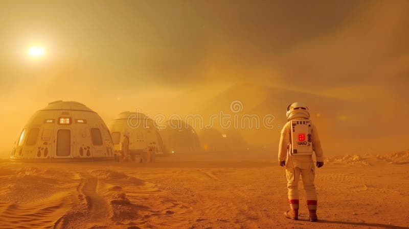 Astronaut standing on Mars near dome-shaped habitats stock illustration