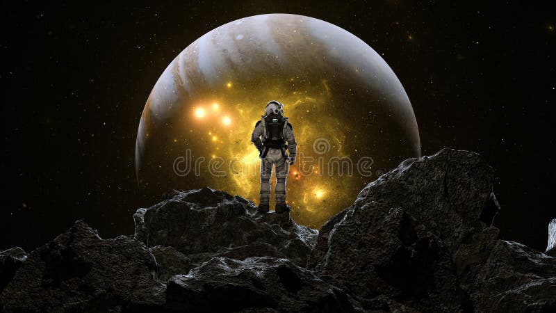 Astronautul studiază un peisaj extraterestru sub lumina unei planete luminoase masive în mijlocul cosmosului 3d royalty free illustration