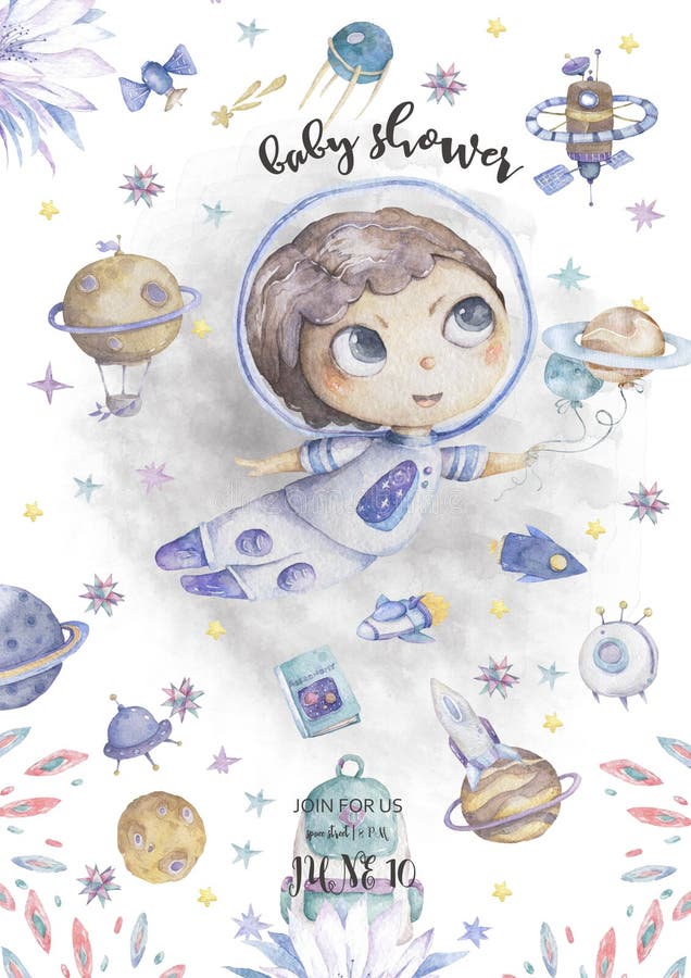 Astronaut-teckningen Happy Boy i blå scanfand som flyger i rymden med en framtidsisk raketer och satelliter runt stjärnor och pla stock illustrationer Astronaut-teckningen Happy Boy i blå scanfand som flyger i rymden med en framtidsisk raketer och satelliter runt stjärnor och pla stock illustrationer