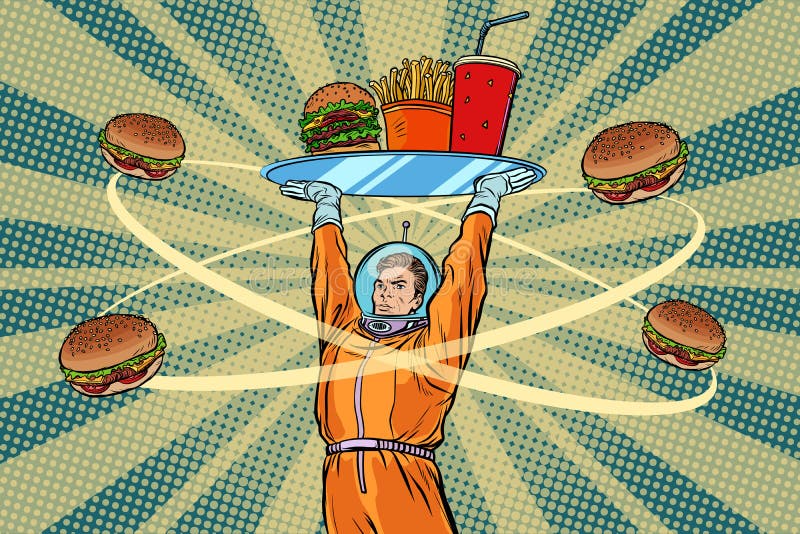 Astronaut with a tray of fast Food