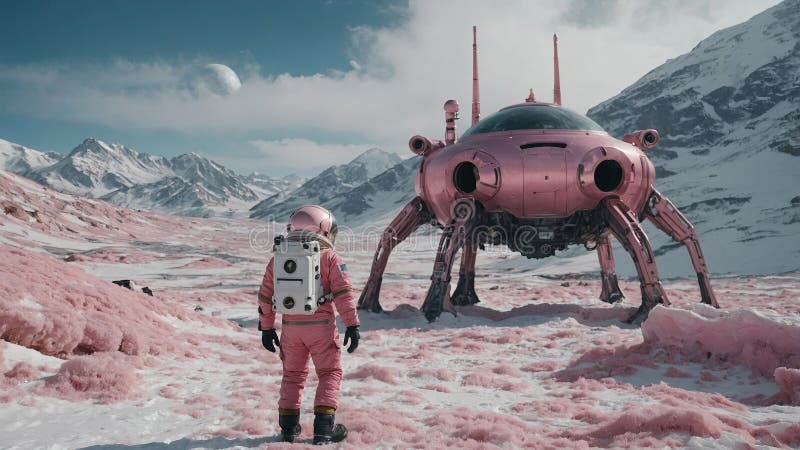 Astronaut träffar futuristisk utomjordingsrost. illustrationsstöd av hög kvalitet som genererats