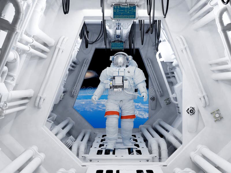 Astronaut in the tunnels of the spacecraft.`Elemen ts of this image furnished by NASA`, 3d render