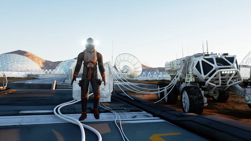 Astronaut walk on alien planet. Martian on mars. Sci -fi concept. 3d rendering. royalty free stock image