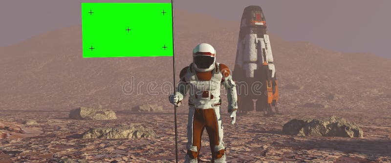 Astronautul care merge pe Marte cu un steag verde care pune un stâlp de steag pe suprafața lui Marte și salute. poți... stock illustration
