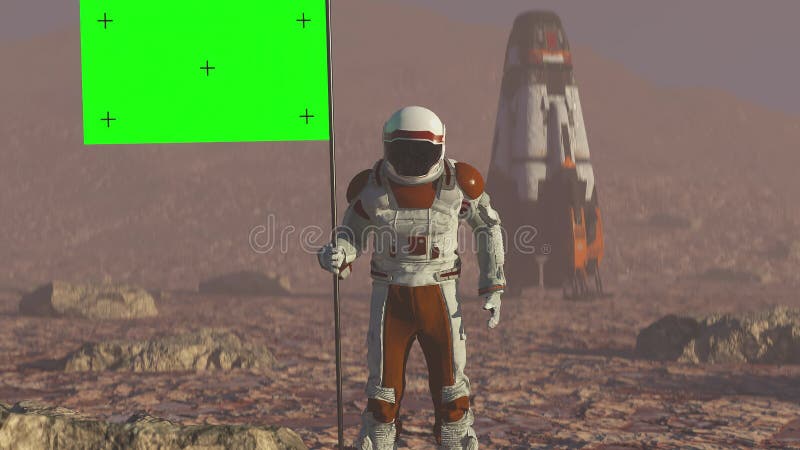 Astronautul care merge pe Marte cu un steag verde care pune un stâlp de steag pe suprafața lui Marte și salute. poți... vector illustration