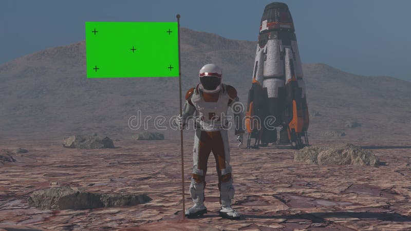 Astronautul care merge pe Marte cu un steag verde care pune un stâlp de steag pe suprafața lui Marte și salute. poți... royalty free illustration