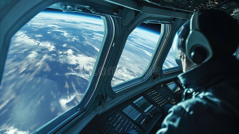 Astronaut working inside a space module stock photos