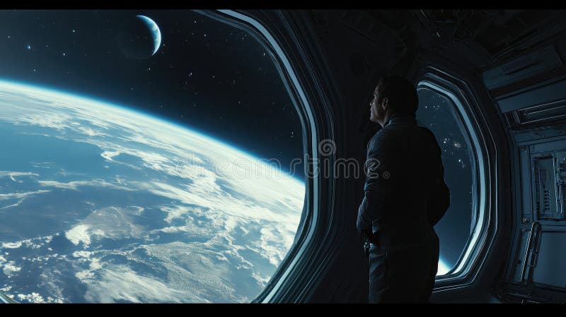 Astronaut working inside a space module stock photography