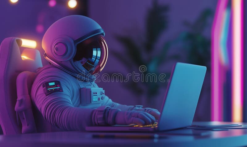 Astronaut working on laptop in futuristic workspace with neon lights and plants stock photography