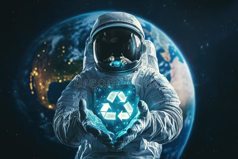 Astronaut în cască și costum spațial cu concept de semn de reciclare strălucitor de îngrijire a mediului futurist și interplanetar royalty free illustration