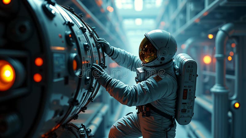 Astronaut în costum spațial alb cu cască aurită care lucrează la interfața mecanică circulară în interiorul navei spațiale vector illustration