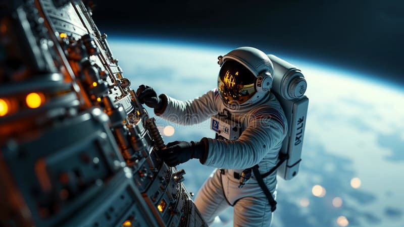 Astronaut în costum spațial alb cu cască aurită care lucrează la interfața mecanică circulară în interiorul navei spațiale stock illustration