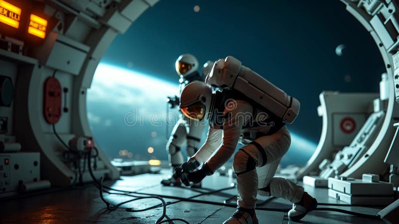 Astronaut în costum spațial alb cu cască aurită care lucrează la interfața mecanică circulară în interiorul navei spațiale stock illustration