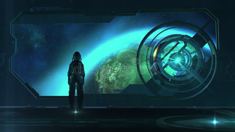 Astronaut într-un costum spațial la bordul unei nave spațiale 3d redare stock illustration
