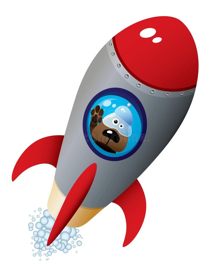 Cartoon Dog Astronaut In Old Style Spaceship. Cartoon Dog Astronaut In Old Style Spaceship