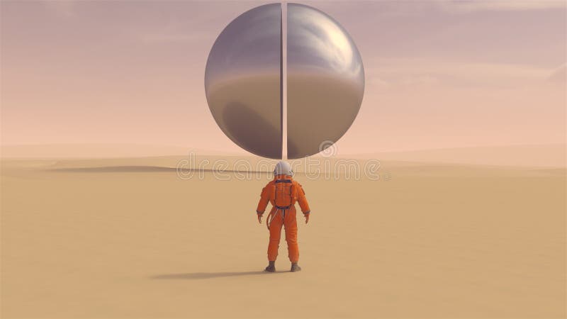Astronauta badacz kosmosu i duża kula kosmosu unosząca się nad twardą pustynią ilustracja wektor