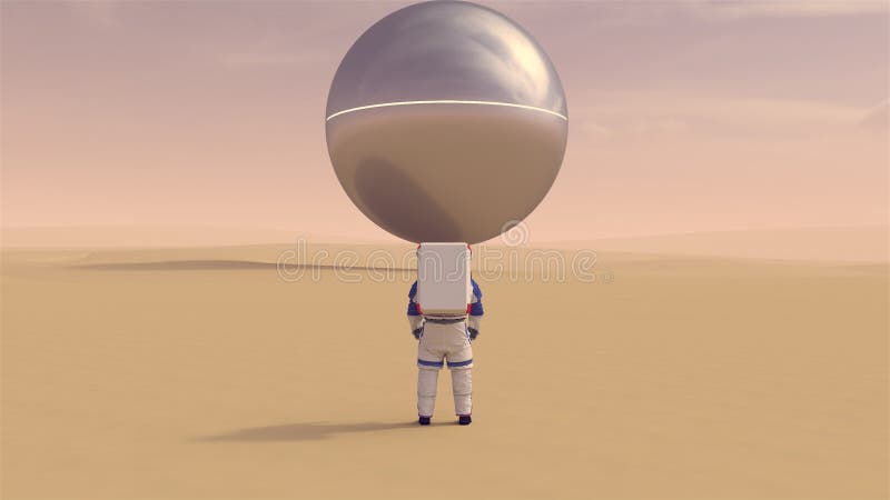 Astronauta badacz kosmosu i duża kula kosmosu z błyszczącym paskiem unoszącym się nad twardą pustynią royalty ilustracja