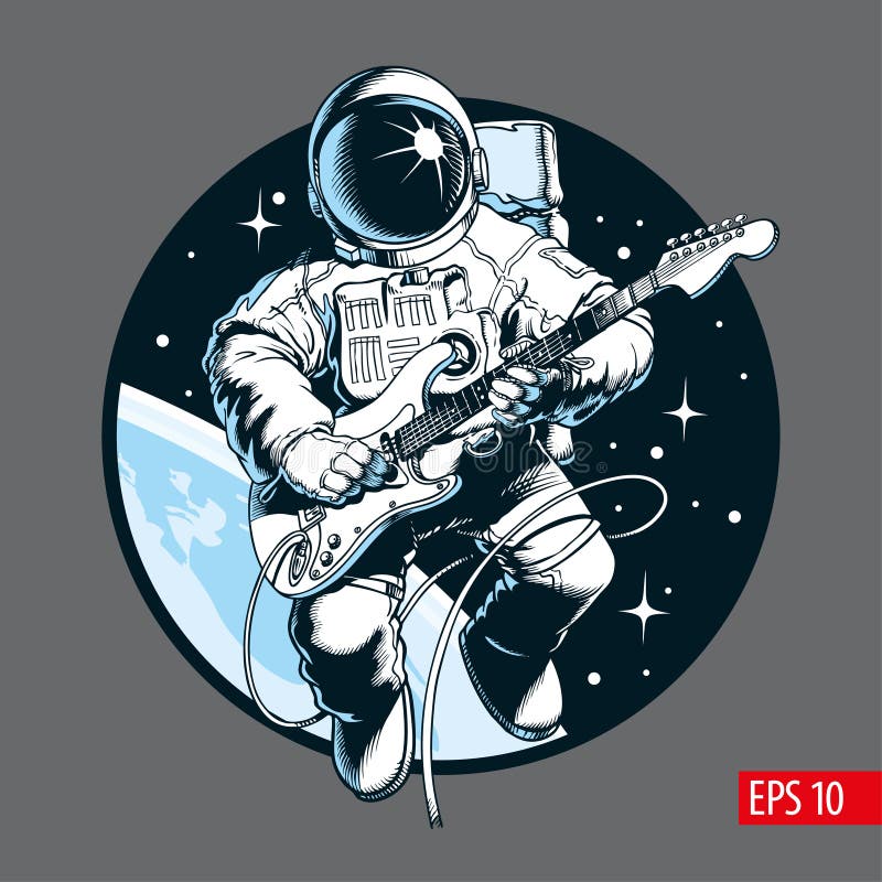 Astronauta bawić się gitarę elektryczną w przestrzeni Astronautyczna turystyczna Wektorowa ilustracja